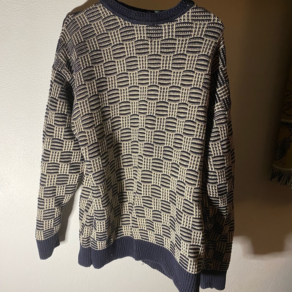 Men's Navy and Cream Patterned Knit Sweater